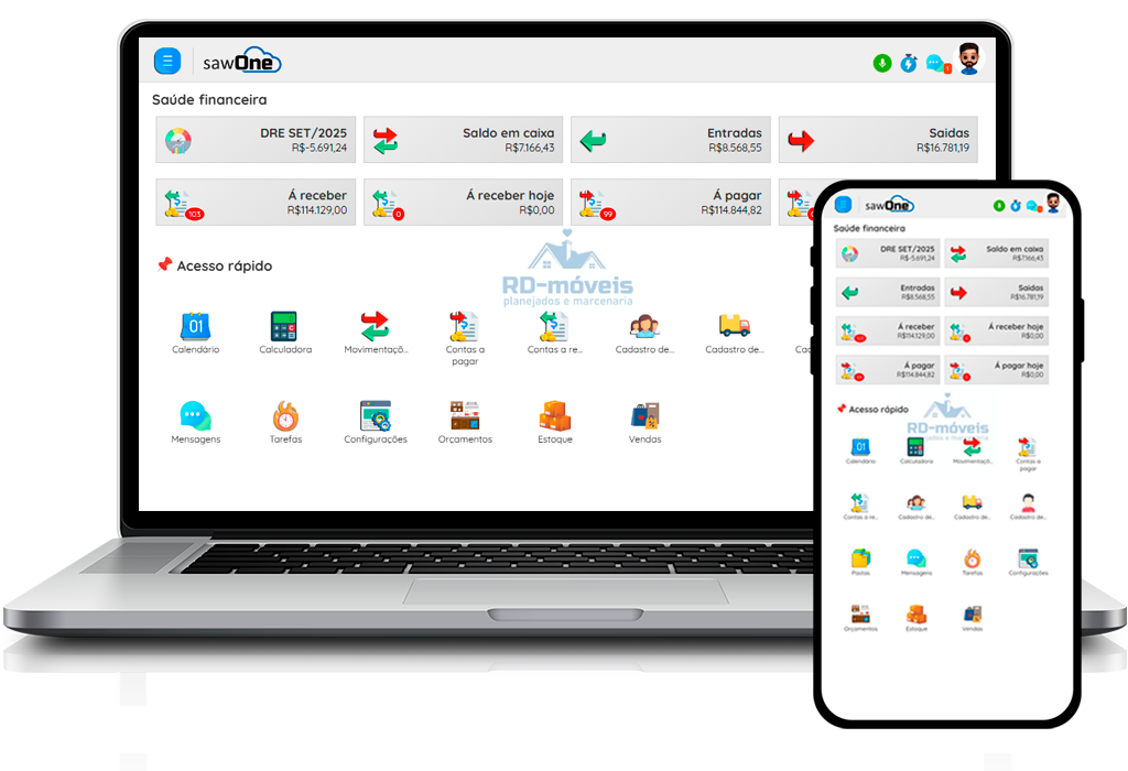 Interface da plataforma sawOne mostrando dashboard de projetos